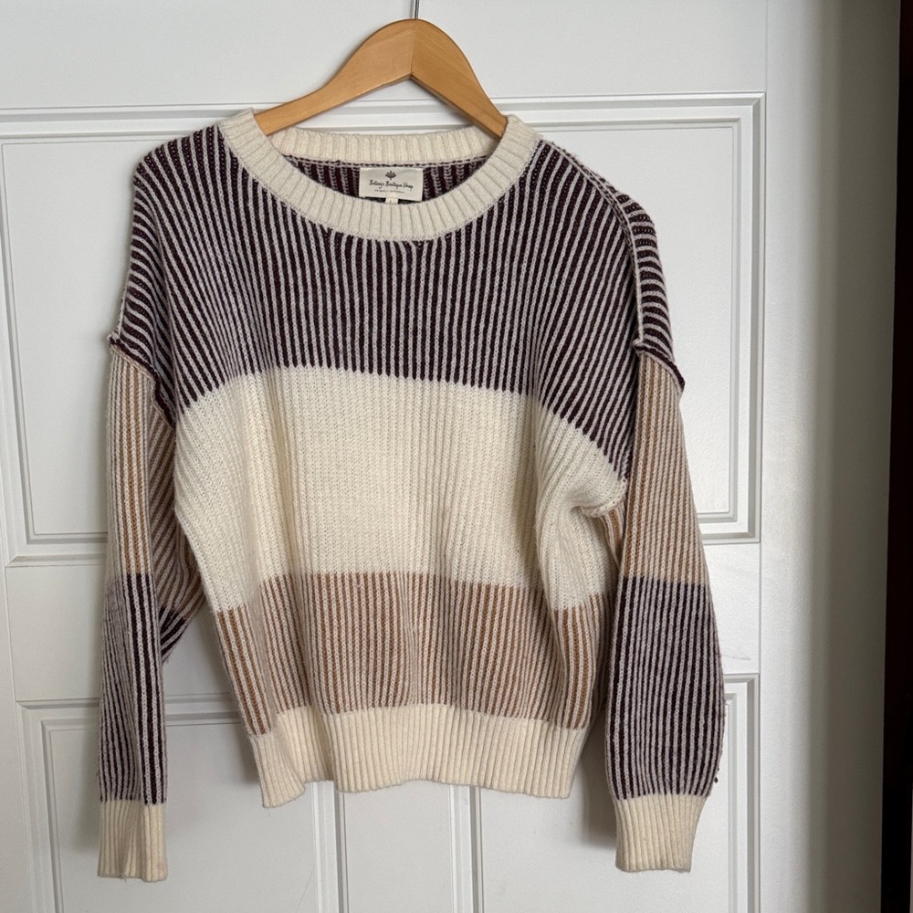 Cozy Striped Knit Sweater in Cream, Taupe & Burgundy